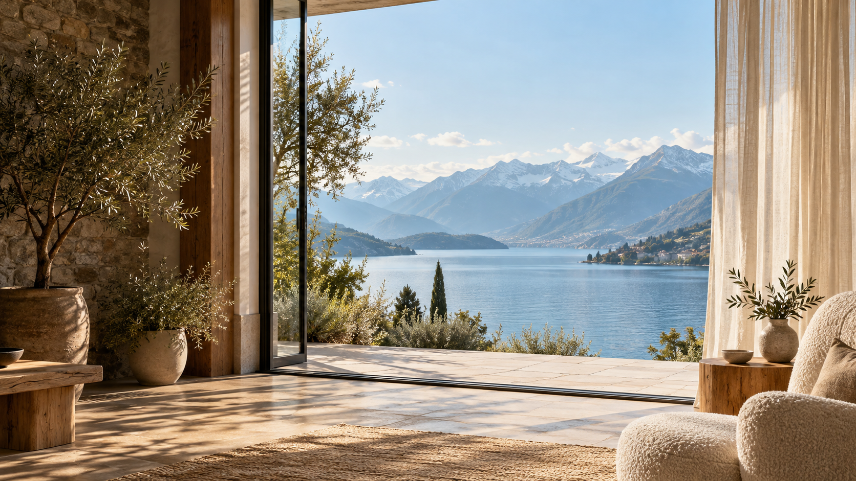 Photographie d’ambiance : un intérieur naturel ouvert sur un lac et les Alpes suisses.