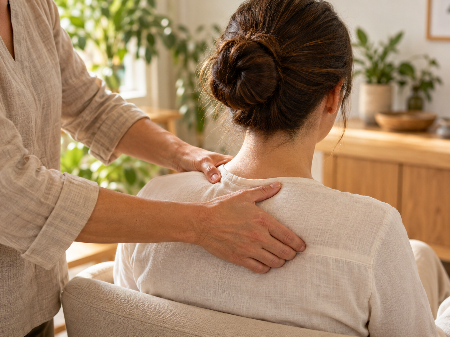 Photographie d’ambiance : un massage professionnel des épaules, par-dessus un vêtement.